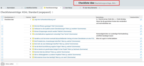 Die Checkliste in BCS unterstützt einen strukturierten Prüf- und Genehmigungsprozess mit klar definierten Verantwortlichkeiten. Checklistenansicht in BCS zur Prüfung und Genehmigung von Projektideen mit definierten Zuständigkeiten.