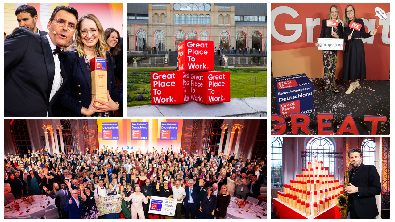 “Germany’s Best Employers 2026” awards ceremony at Flora Cologne: Projektron was honored with second place in the category for companies with 101 to 250 employees. Photos: Great Place To Work® Germany Great Place to Work 2026 awards ceremony in Cologne with a stage and audience, where Projektron was honored as one of Germany’s best employers. (The photos used were kindly provided by Great Place To Work® Germany.)