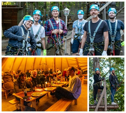 Teilnehmer des Sommerfests 2025 im Abenteuerpark Potsdam beim Klettern, Bogenschießen und Spielen am Lagerfeuer, fröhliche Familienstimmung