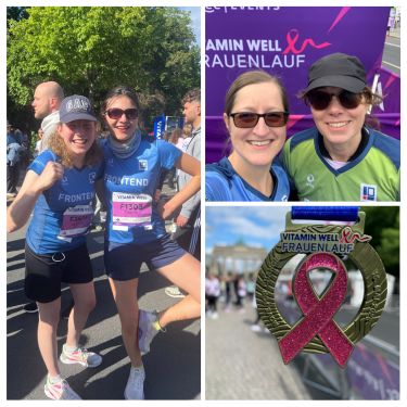 Gemeinsam für den guten Zweck beim Vitamin Well Frauenlauf 2026 Mitarbeiterinnen beim Vitamin Well Frauenlauf 2026 mit Medaillen im Zielbereich bei sonnigem Wetter.