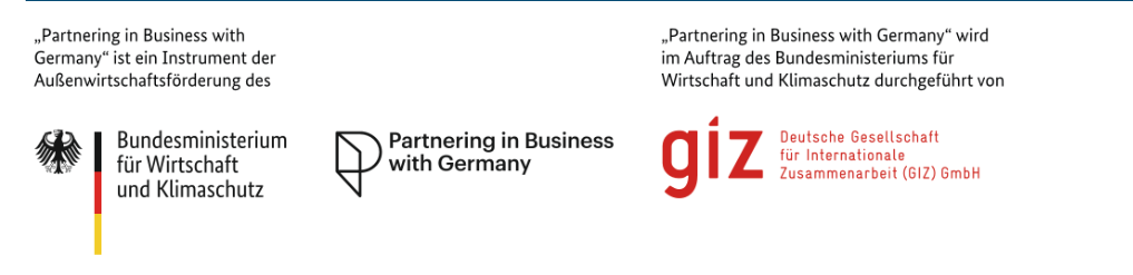 Die Veranstaltung wurde durch das Bundesministerium für Wirtschaft und Klimaschutz (BMWK) unterstützt und von der Deutschen Gesellschaft für Internationale Zusammenarbeit (GIZ) GmbH durchgeführt. Logos des Bundesministeriums für Wirtschaft und Klimaschutz (BMWK) und der Deutschen Gesellschaft für Internationale Zusammenarbeit (GIZ) GmbH.