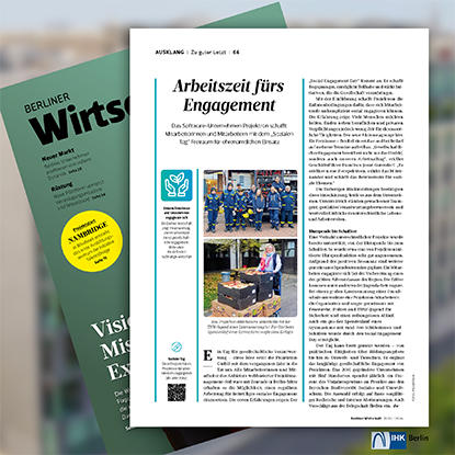 Das IHK-Magazin Berliner Wirtschaft stellt Projektrons Sozialen Tag vor und zeigt, wie Unternehmen soziales Engagement aktiv ermöglichen. Das IHK-Magazin Berliner Wirtschaft stellt Projektrons Sozialen Tag vor und zeigt, wie Unternehmen soziales Engagement aktiv ermöglichen.