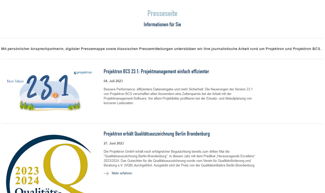 Pressebereich der Projektron GmbH mit digitalen Pressematerialien und Ansprechpartnerin für Journalisten.