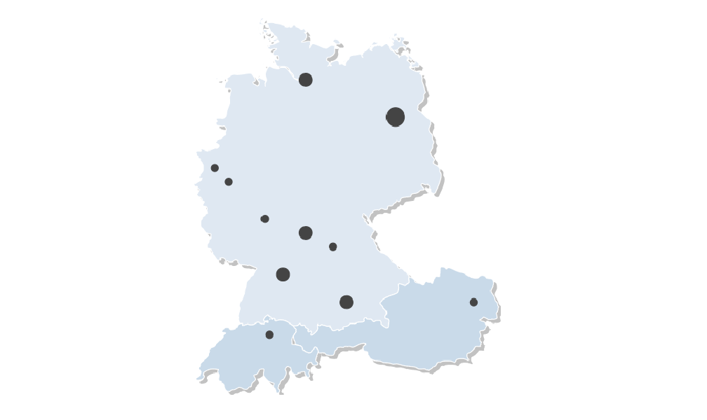 Karte der Projektron GmbH Standorte und Schulungsorte in Deutschland, Zürich und Wien.