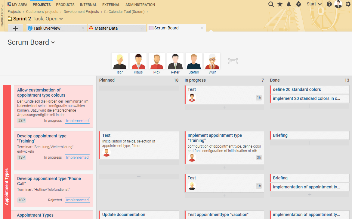 The digital Scrum board visualizes the status of your team during Sprint.